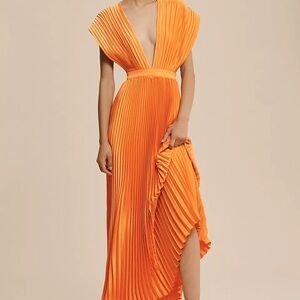 L'IDEE Gala Deep-V Pleated A-Line Maxi Dress in color Tangelo